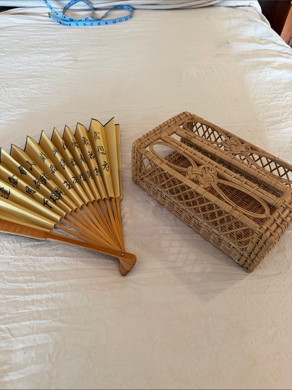 Woven Rattan tissue box holder with Decorative Folding Fan